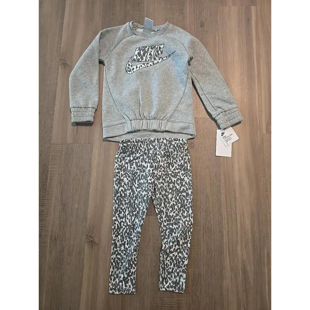 Nike Gray Sweatshirt & Animal Print Leggings Set sz 4 NWT 2 PC Set - Picture 1 of 8